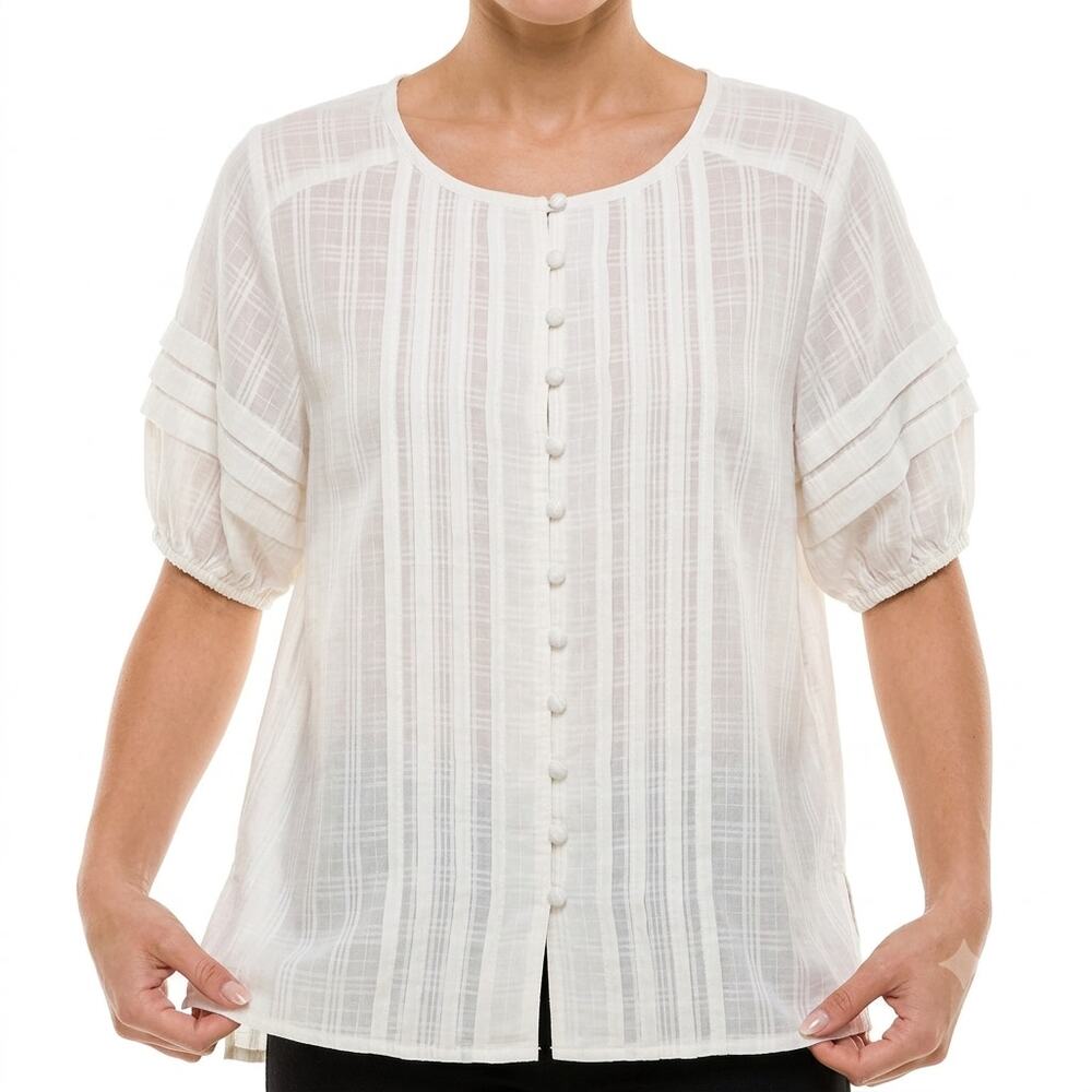 Walter Baker Ivory White Button Front Stripe Kyra Puff Short Sleeve Top size M